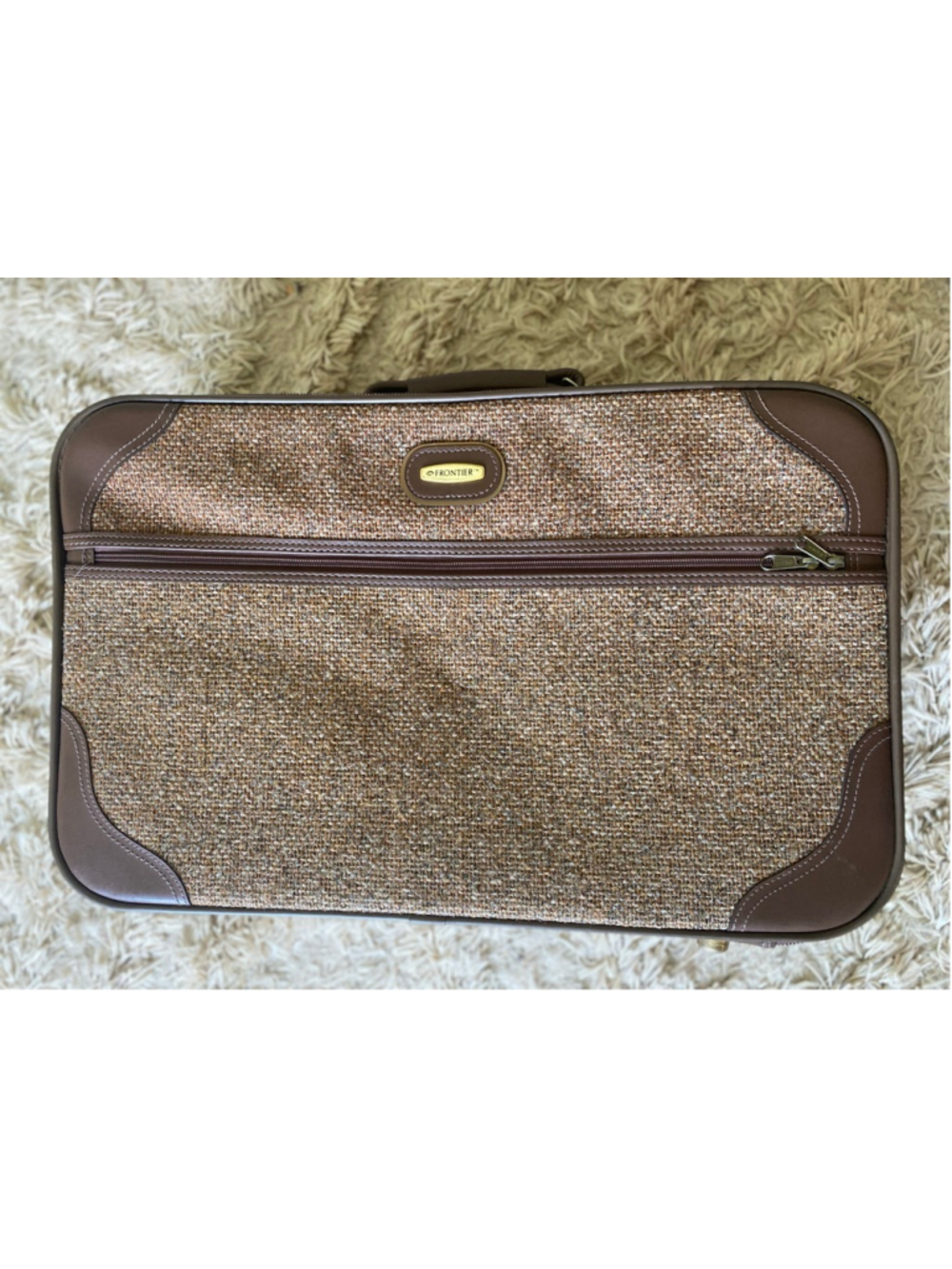 Vintage Frontier Tweed Carry On Suitcase Retro Travel Luggage Brown Weekend Bag